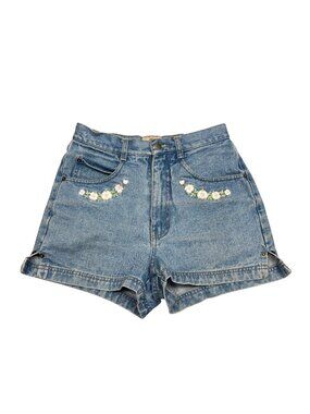 90s Embroidered Floral Denim Shorts Size 5/6 100% Cotton Blue Made In USA